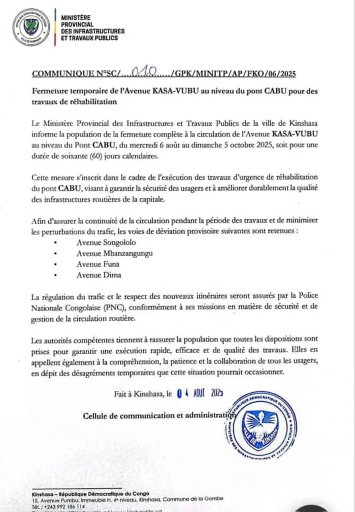 Kinshsa : Fermeture Temporaire pour 60 jours de la grande Avenue Kasa-Vubu